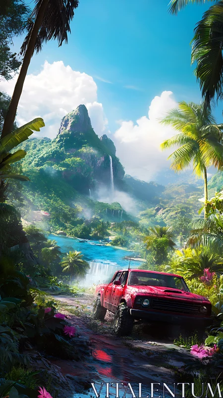Red truck parked in tropical landscape with mountain waterfall