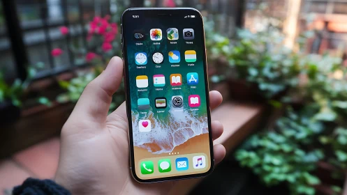 iPhone Home Screen Interface in Urban Garden Setting.