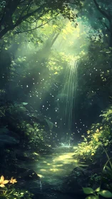 Enchanted Forest Waterfall with Luminous Canopy
