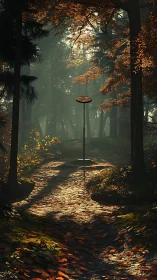 Mystic Forest Pathway with Sculptural Lamp Post Illuminated by Autumn Canopy
