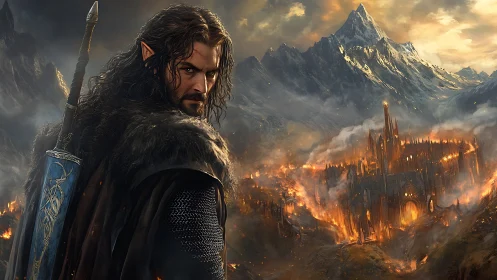 Armored elf warrior before burning citadel, epic fantasy digital painting.