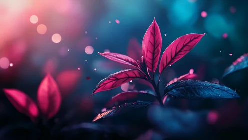 Neon bokeh botanical close-up with luminous magenta foliage.