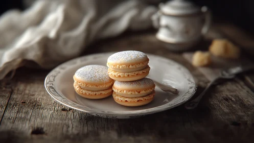 Powdered vanilla macarons quietly reign on rustic porcelain