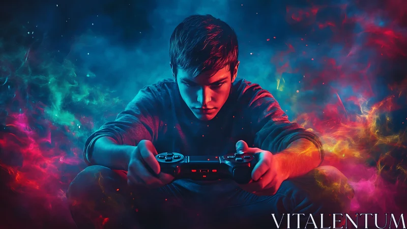 Teen gamer with controller in neon vapor environment.