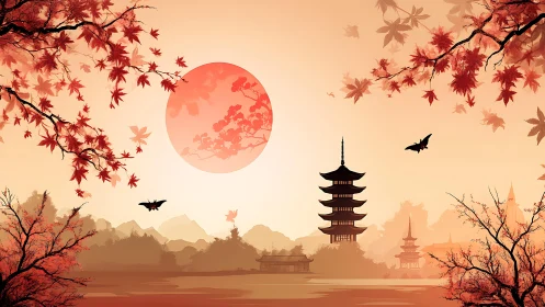 Crimson maple pagoda sunset over tranquil misty lake.