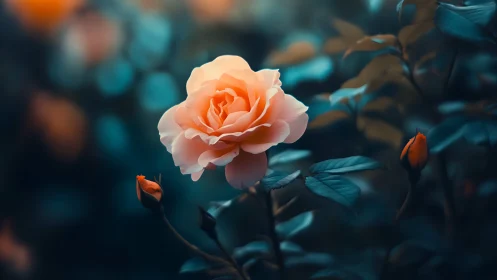 Peachy Rose Bloom Against Teal Shadows.