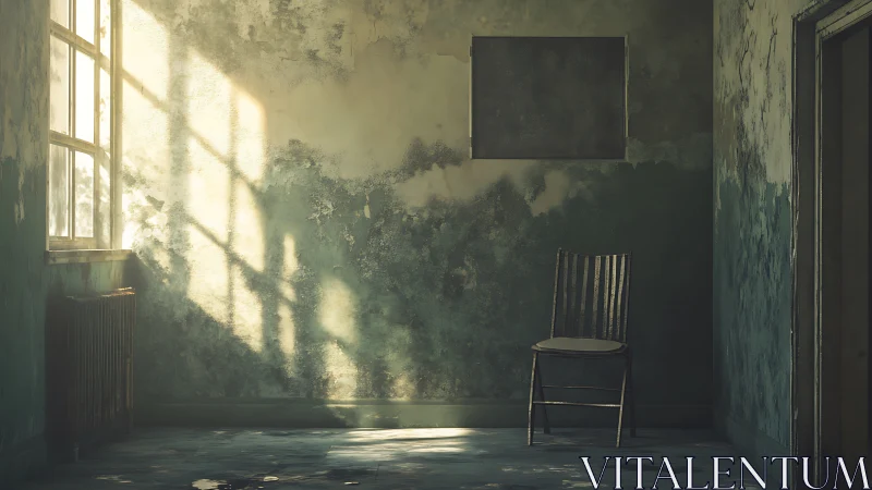 Empty worn room with single chair in angled window light.