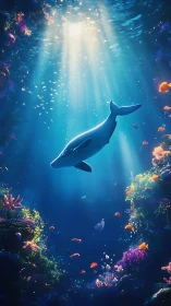 Whale swims through sunlit underwater canyon of coral reef