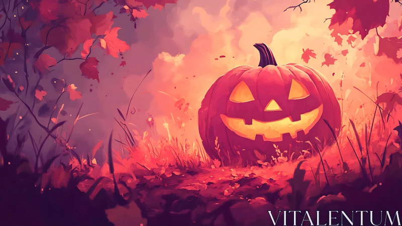Glowing jack-o’-lantern warms an enchanted autumn forest night
