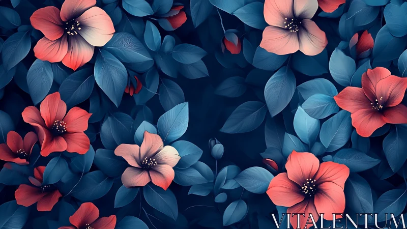 Digital floral composition with red and blue palette tones.