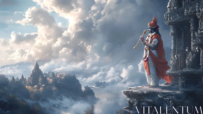 Divine figure stands on stone ledge overlooking cloud temples