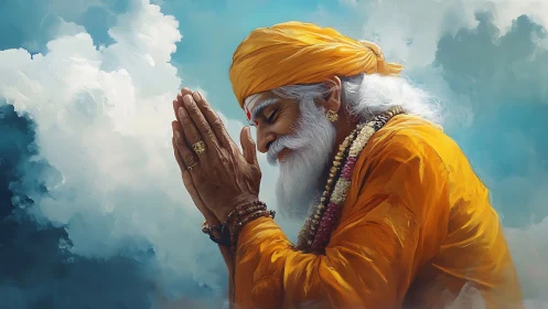 Elderly sage bows in serene prayer beneath luminous clouds