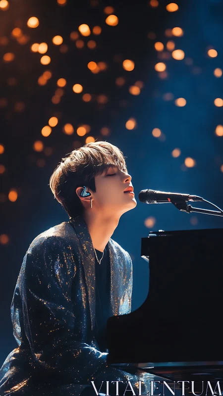 Pianist in glitter jacket sings under warm bokeh lights.