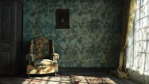 Sunlit vintage armchair in a quiet, dust-laden sitting room.