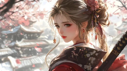 Samurai maiden amid drifting sakura in soft spring light.