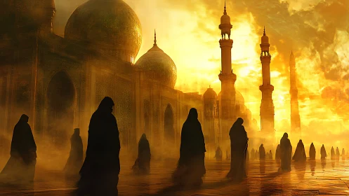 Golden mist over domed citadel with robed silhouettes.