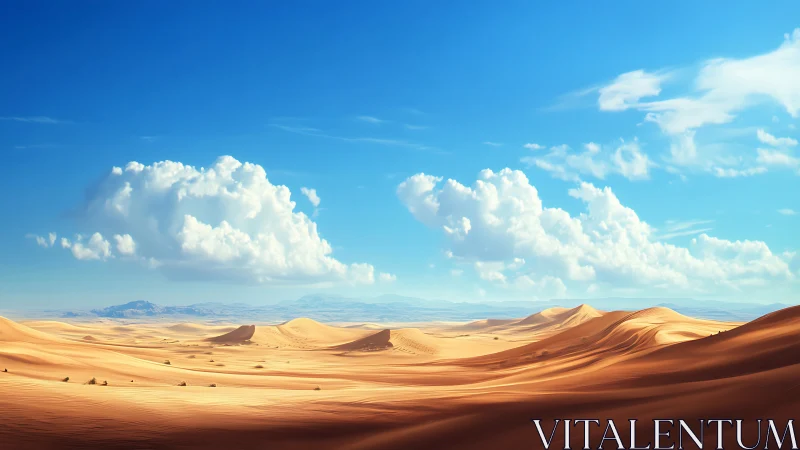 Desert dunes curl like golden waves beneath roaming clouds