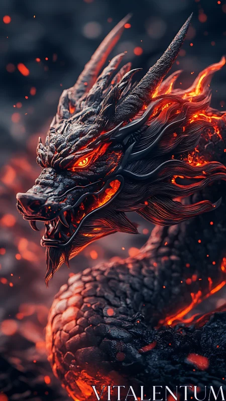 Molten-scaled dragon rises from embers with fierce grace