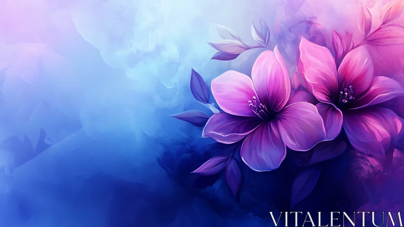 Purple flowers bloom against blue gradient background