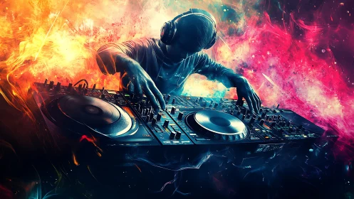 DJ at mixing console in abstract neon environment.