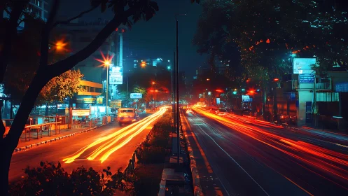 Long-exposure urban nightscape renders neon traffic light trails
