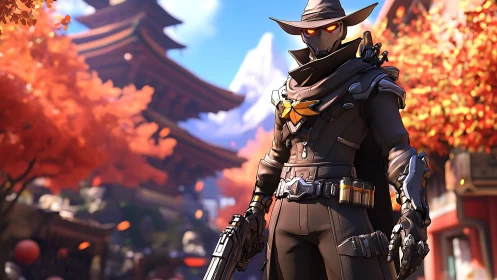Masked gunslinger in autumn temple courtyard environment.