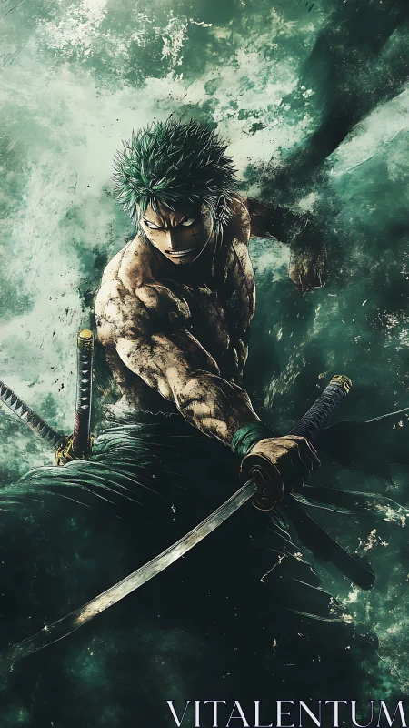 Storm-forged swordsman lunges through swirling emerald chaos.