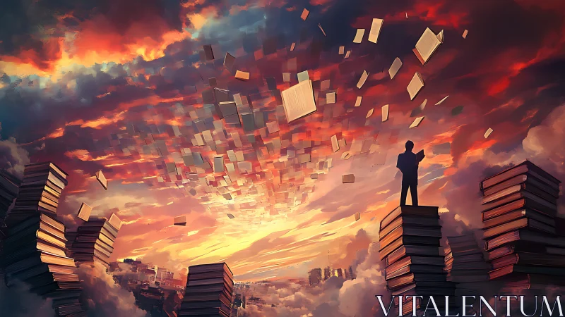 Man on towering books watches pages soar into a burning sky