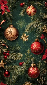 Vintage red and gold Christmas baubles amid pine boughs.