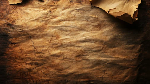 Weathered parchment sheet on rustic wooden table surface.