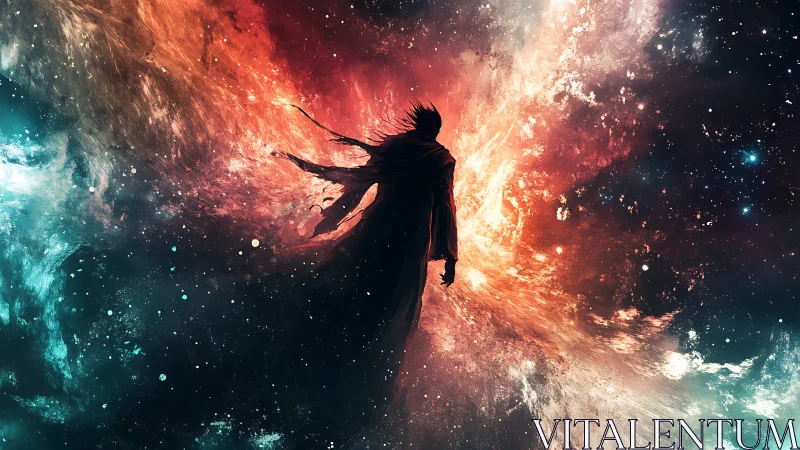 Cosmic wanderer silhouette cuts through blazing nebula sky.