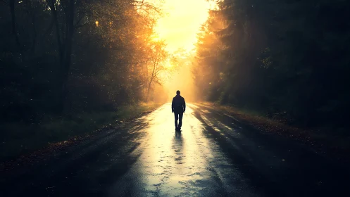 Silhouetted person walks alone on wet forest road at sunrise