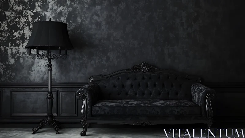 Dark monochrome interior with ornate sofa and floor lamp.