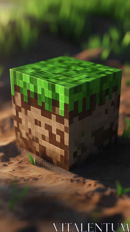 Voxel grass block catches warm sunset rim light outdoors.