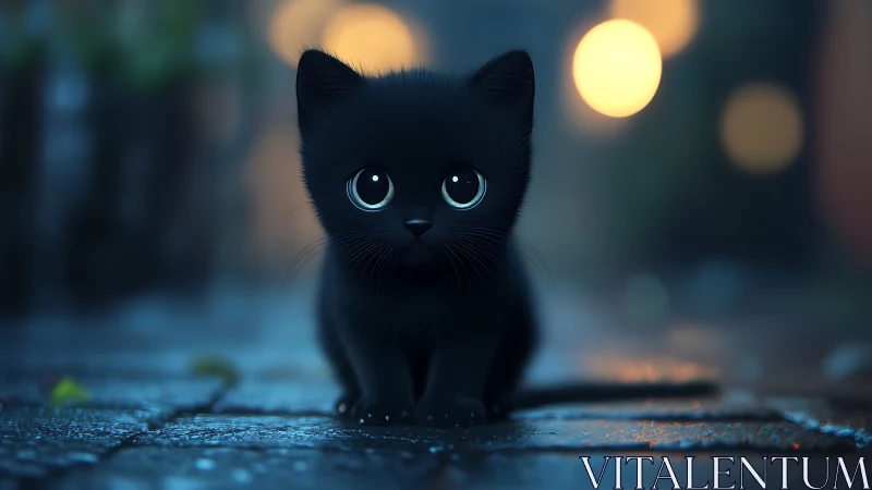 Luminous Black Kitten Portrait with Ethereal Bokeh Ambient.