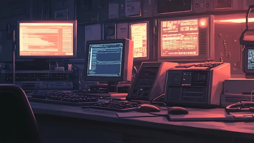 Cyberpunk terminal array in neon-lit retro control studio.