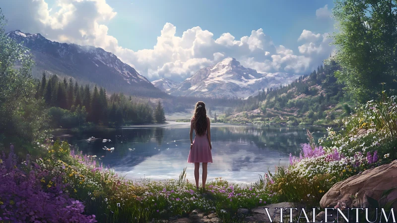 Mountain lake hush welcomes a pink dress daydreamer