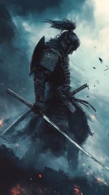 Armored samurai silhouette stands in stormy, ember‑lit battlefield