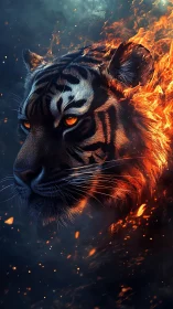 Fiery tiger portrait merges living flame and shadowed power.