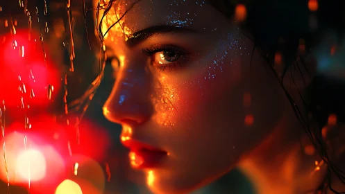 Neon side-lit portrait renders wet skin with cinematic realism