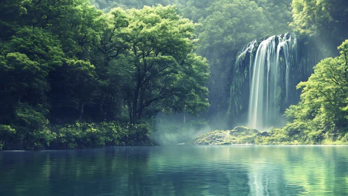 Waterfall in Lush Forest with Turquoise Pool