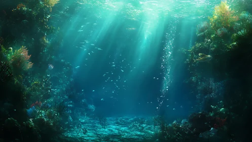 Sunlit underwater reef scene shows coral walls and fish