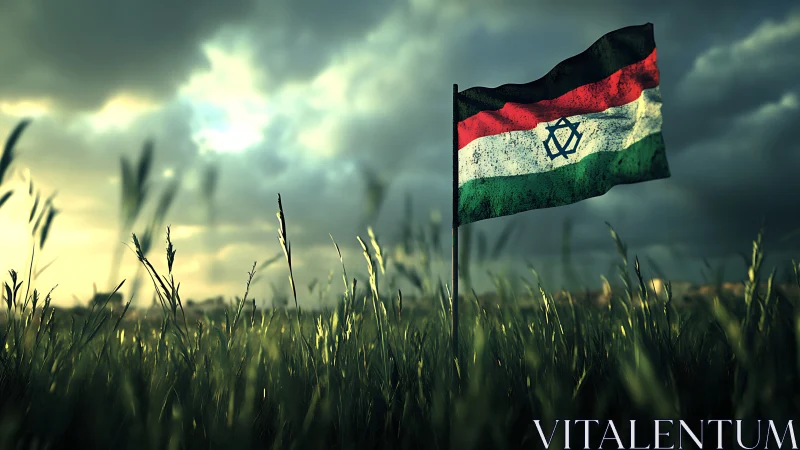 Weathered tricolor flag waves above sunlit grassy field.