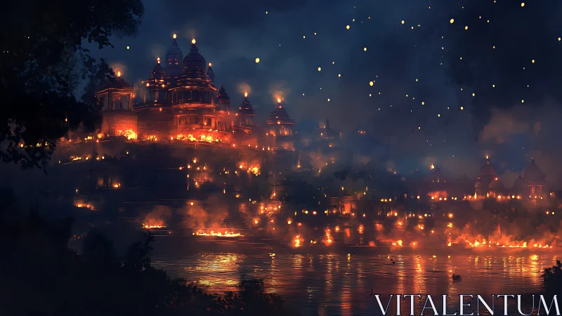 Illuminated Historic Temple City Reflected in Water at Night.