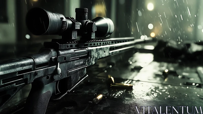 Tactical Rifle with Scope in Atmospheric Combat Setting.