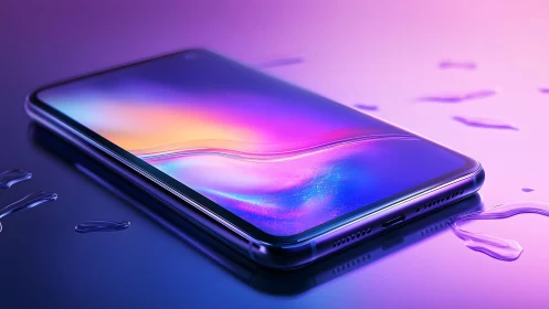 Sleek Modern Smartphone on Reflective Surface with Neon Lighting.