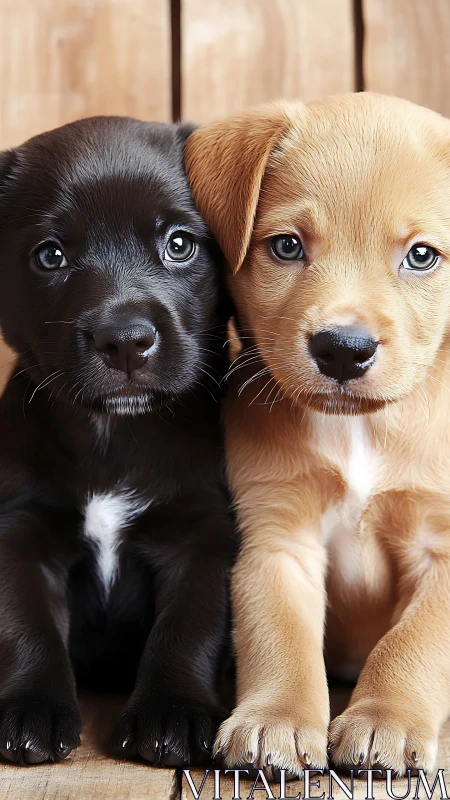 Puppy pair portrait against rustic wooden backdrop.