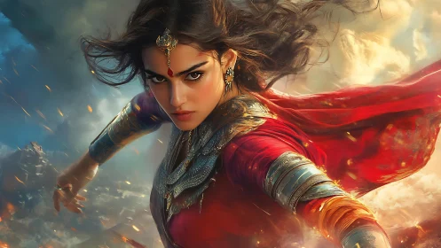 Warrior woman in red armor charges through storm clouds