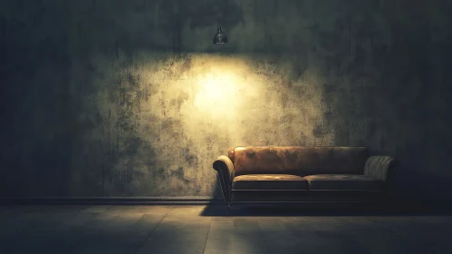 Brown leather sofa under single spotlight in dark room.