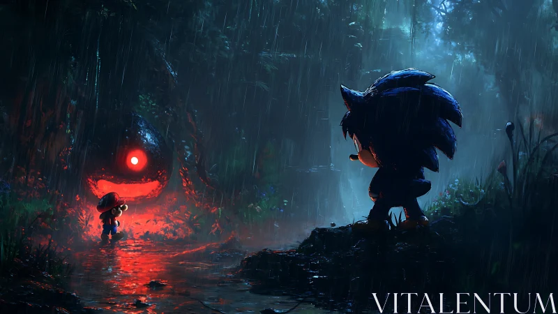Two game characters observe red-lit creature in rainy forest